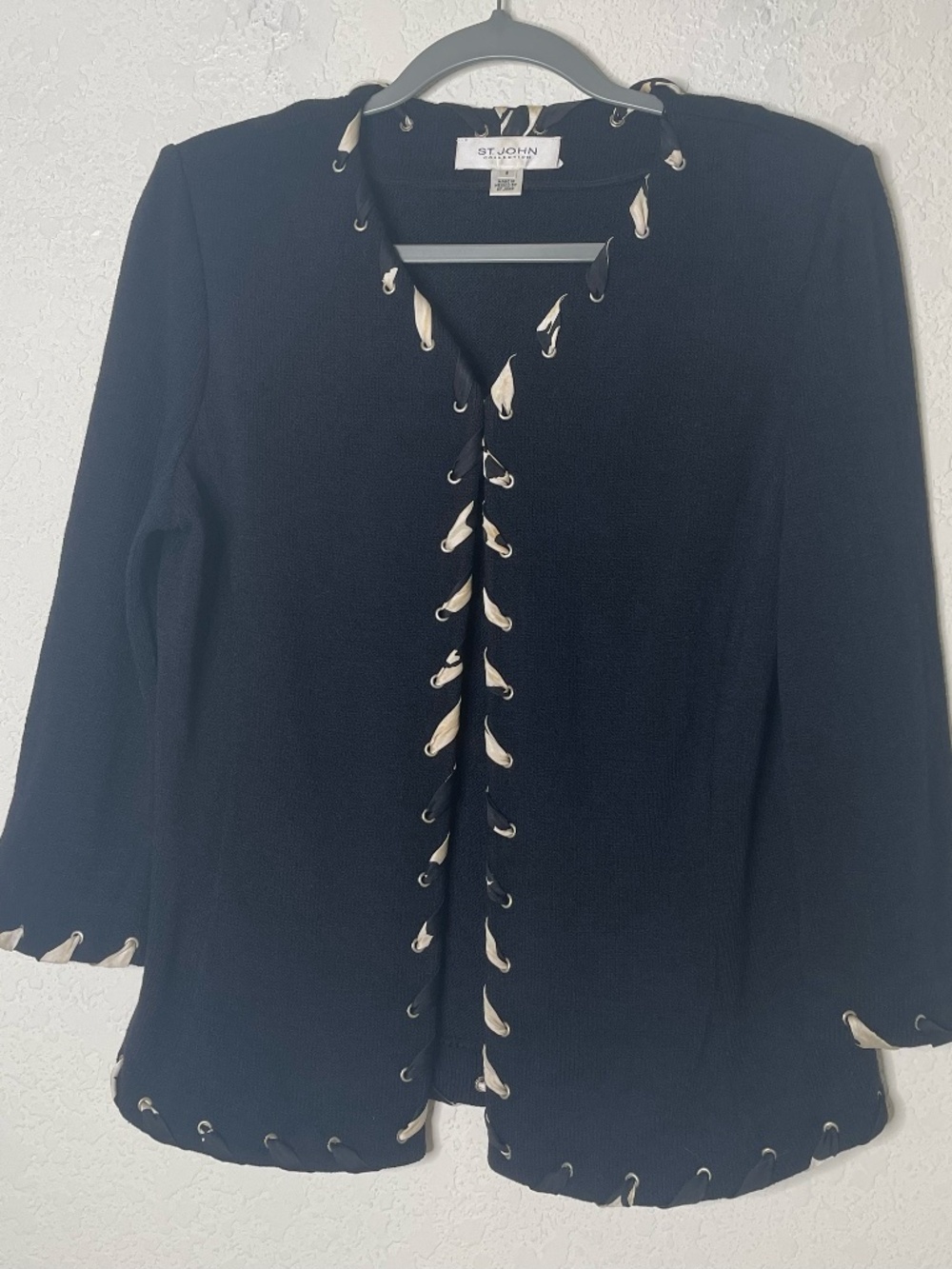 St John Collection Jacket Size 8 Black Knit Ribbon Loop Grommet Wool Blend